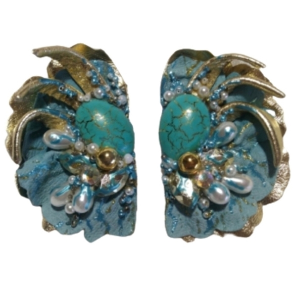 Zee Vintage Earrings 1980s Clip Real Leather Faux Stones Turquoise OS - Picture 7 of 9